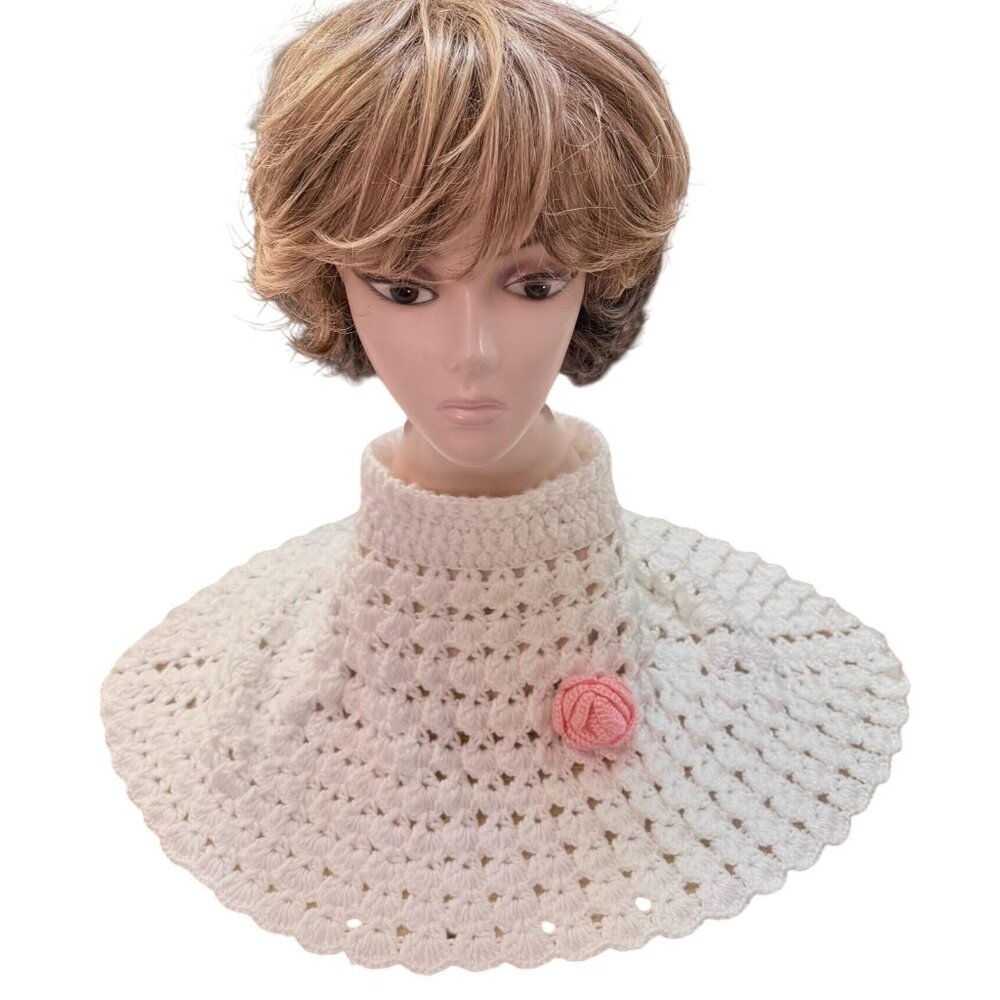 Handmade Crocheted White Girls OS Poncho Collar Cape Poncho Pink Rose Roll Neck